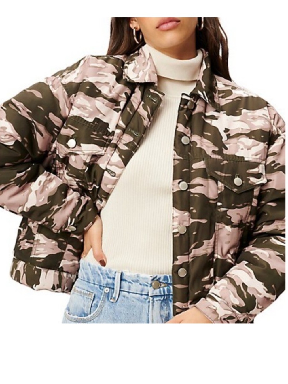 Good American Camo Trucker Puffer Jacket Green Pink